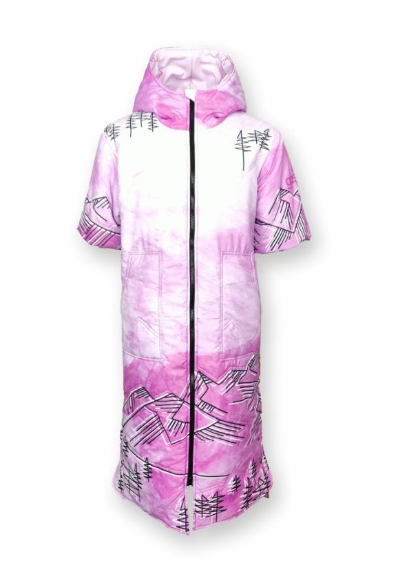 Dlouhá vesta prošívaná - Kopce - růžová - Varianta: S kapucí, Velikost: XL